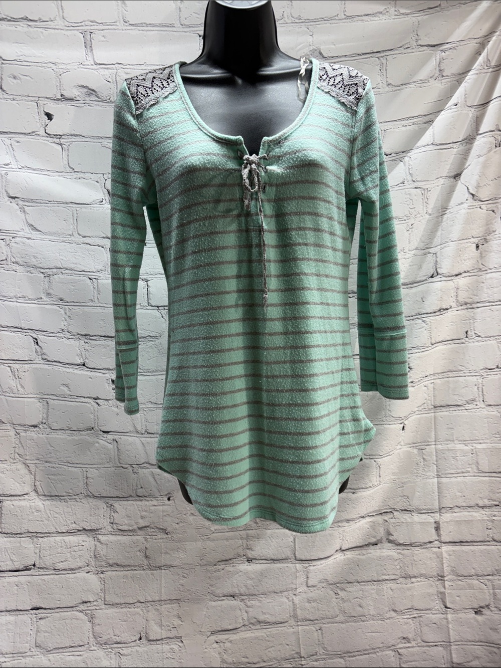 Almost Famous Mint Green Striped Lace-Shoulder Long Sleeve Top